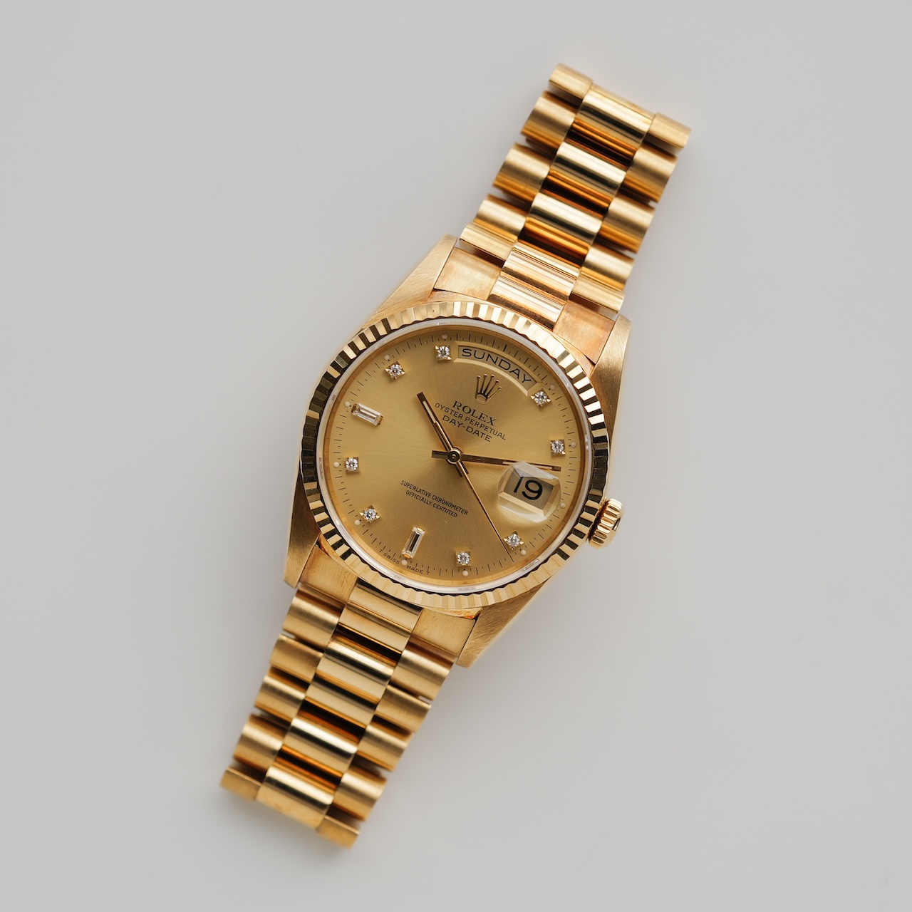 ロレックス/デイデイト18238A/E番/10Pダイヤモンド/シャンパンダイヤル/18Kイエローゴールド/裏蓋シール/保証書付きフルセット/ROLEX DAY-DATE Ref.18238A "Baguette Diamond" Champagne Dial 18KYG 1990 Full Set